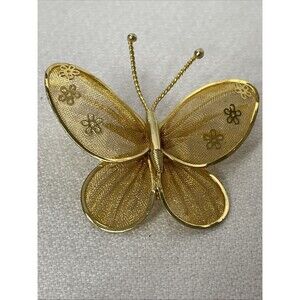 Vintage Brooch Gold Tone Metal Mesh Butterfly Pin Floral Wings
